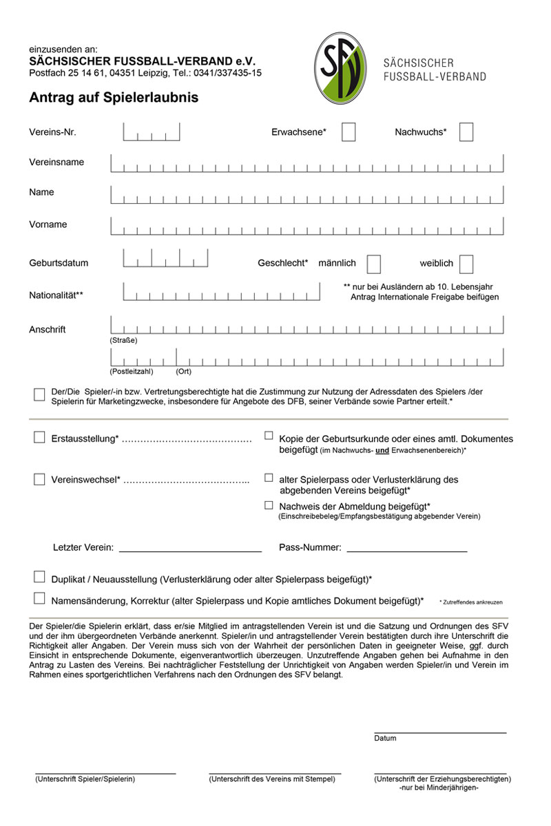 BSV 68 Sebnitz - Antrag auf Spielerlaubnis